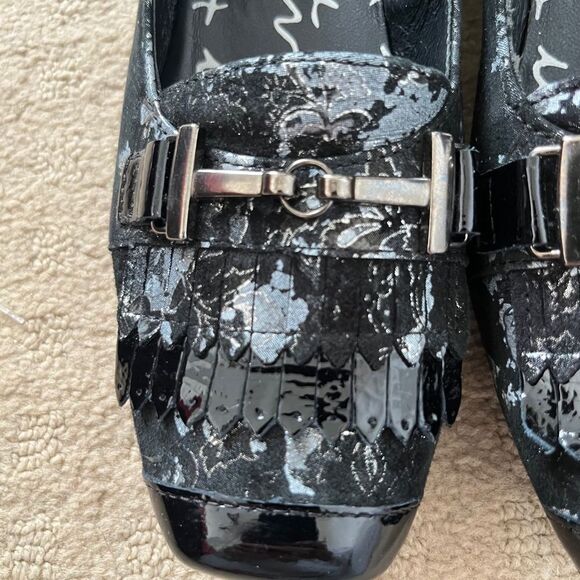 UTV Un Tour en Ville Black Silver Floral Pattern Fringe Buckle Square Toe Shoes - Picture 6 of 14